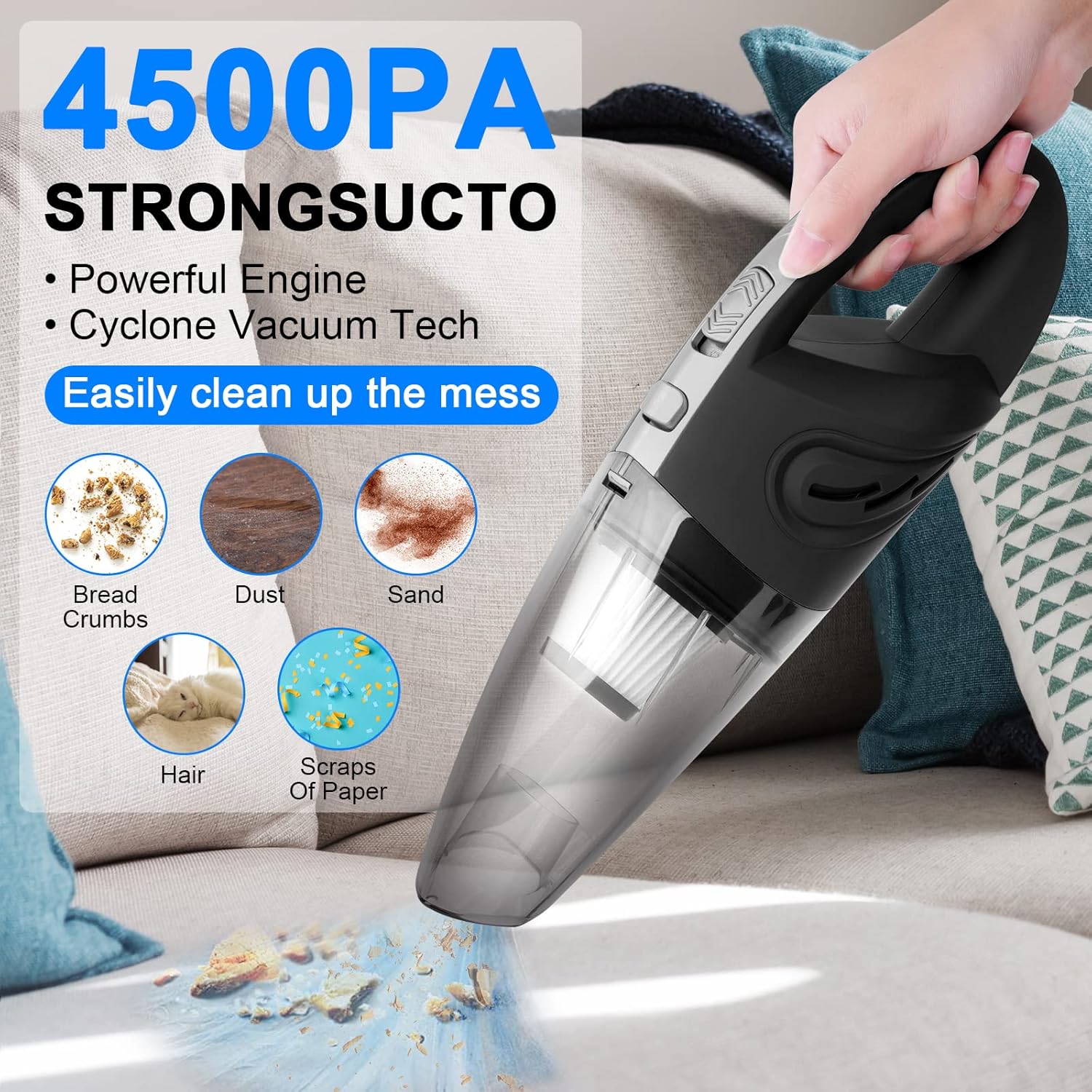 Handheld Vacuums Cordless 120W USB Rechargeable Car Vacuum Cleaner, Lightweight Wet Dry Vacuum, Car Hoover for Kitchen, Car, Office, Home, Pet Hair Cleaning