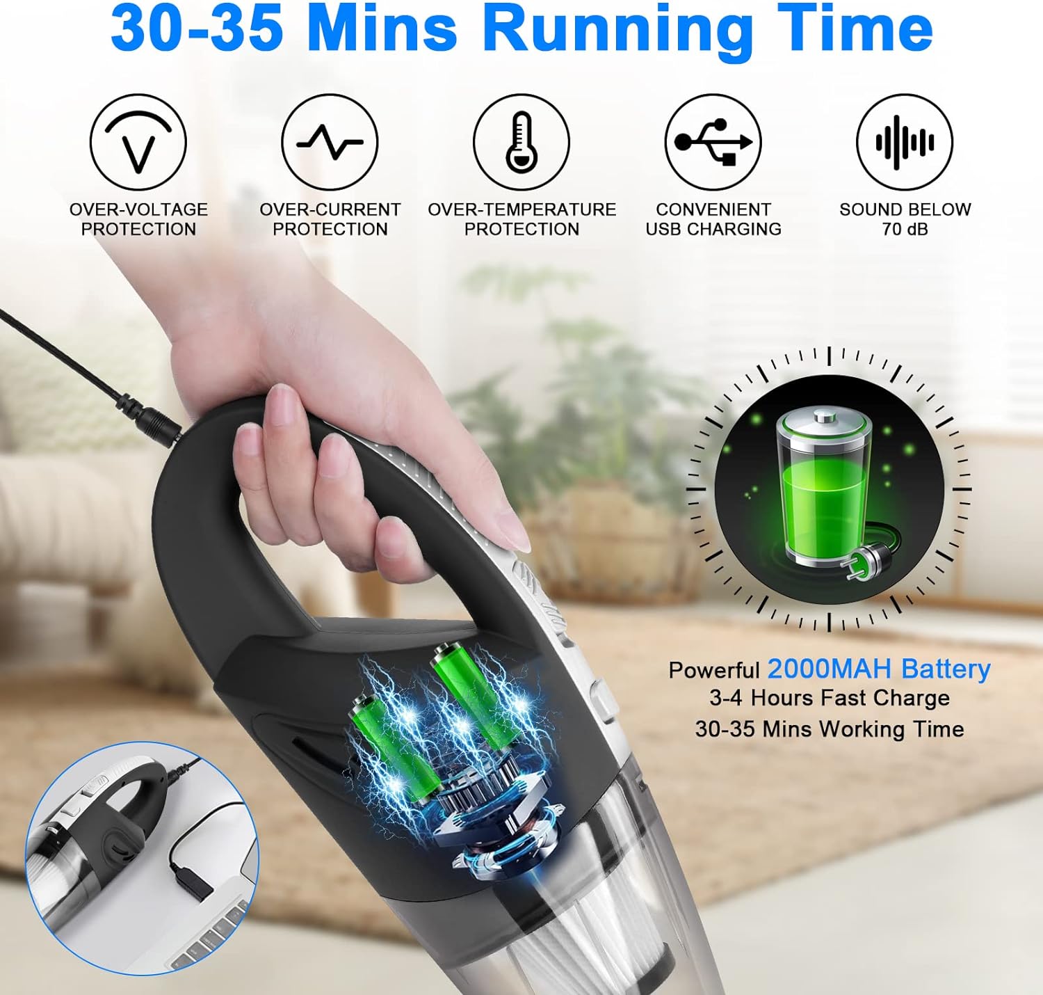 Handheld Vacuums Cordless 120W USB Rechargeable Car Vacuum Cleaner, Lightweight Wet Dry Vacuum, Car Hoover for Kitchen, Car, Office, Home, Pet Hair Cleaning