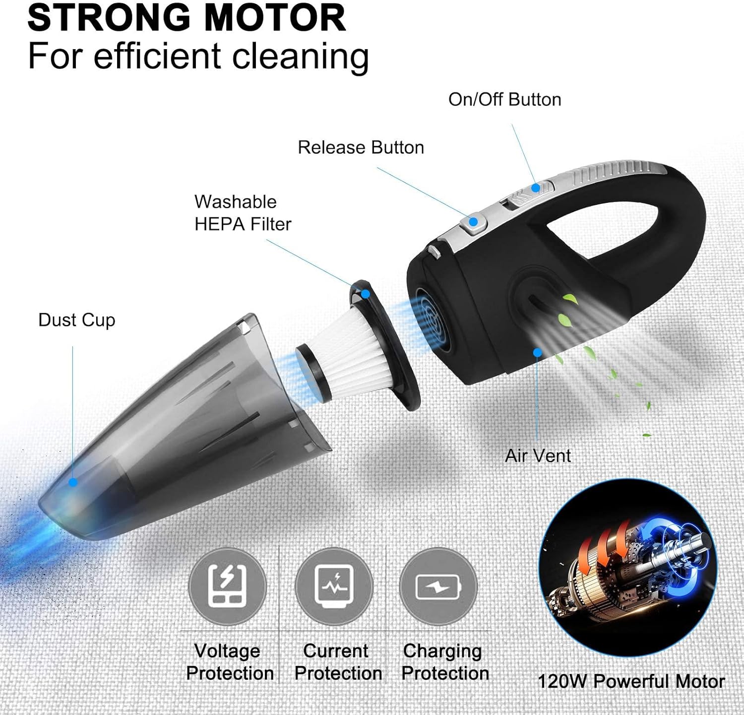 Handheld Vacuums Cordless 120W USB Rechargeable Car Vacuum Cleaner, Lightweight Wet Dry Vacuum, Car Hoover for Kitchen, Car, Office, Home, Pet Hair Cleaning