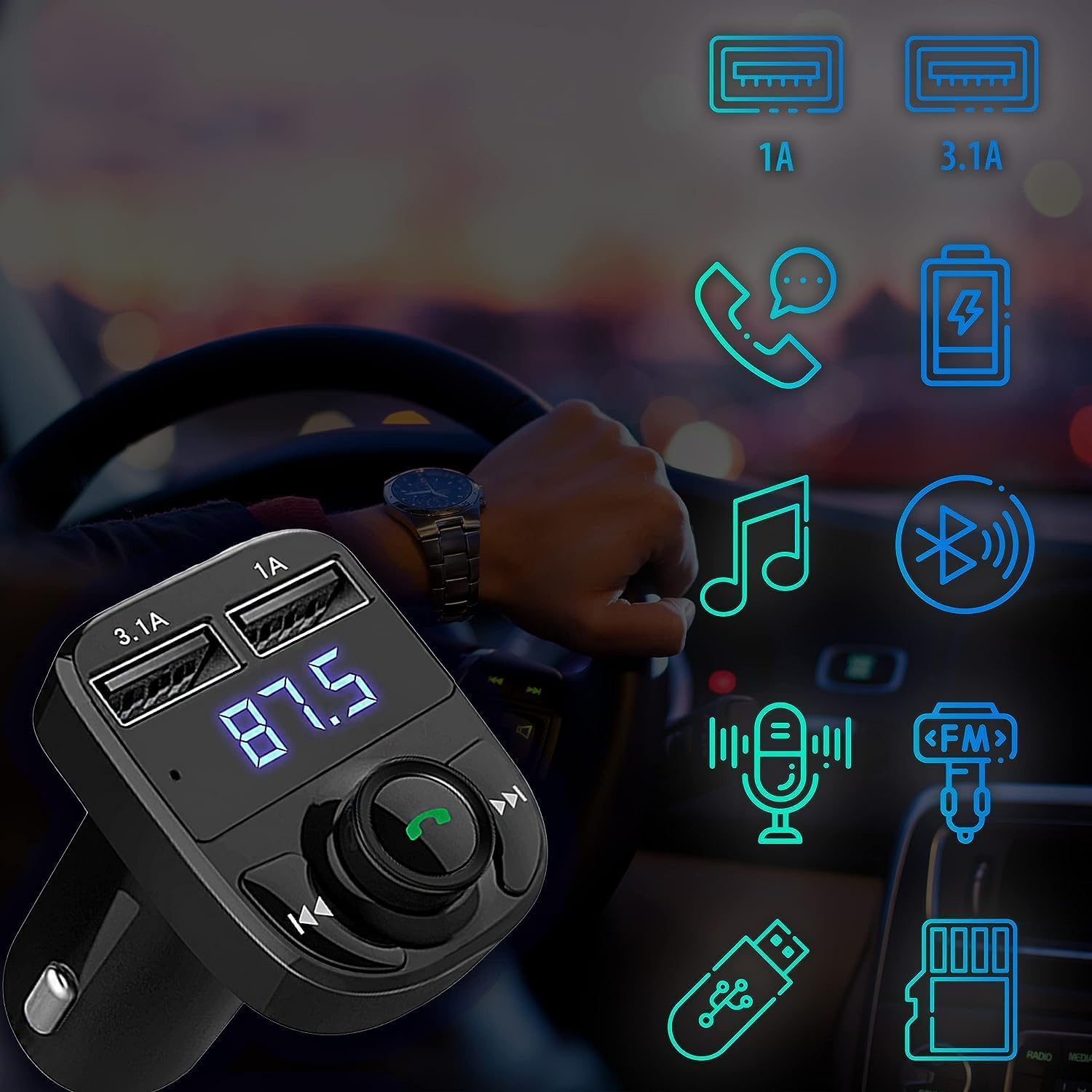 Bluetooth FM Transmitter, New X8 Fast Car Charger,Hands-Free Call Receiver,Universal Car Bluetooth, USB Mobile Charger Port, bluetooth car adapter, Music Player Supports TF Card & USB Disk