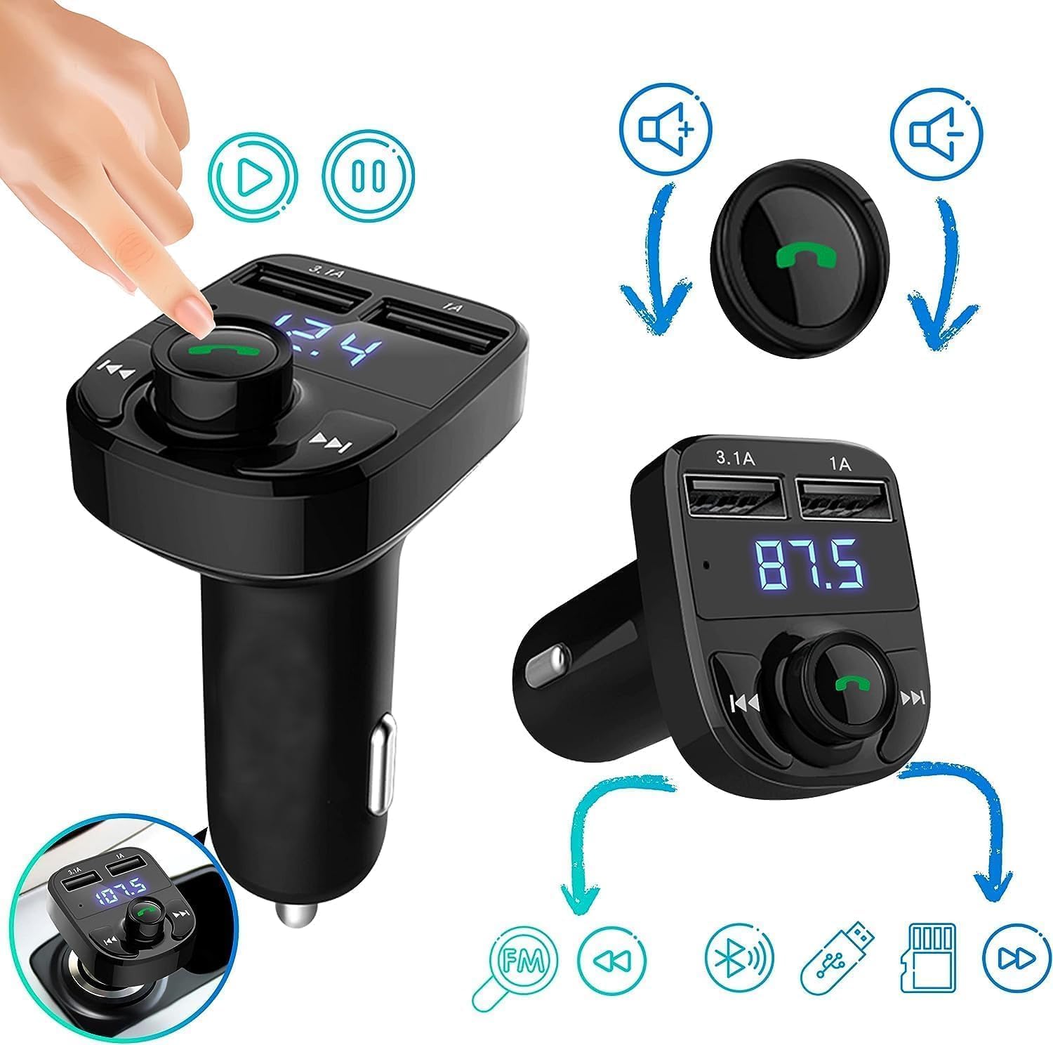 Bluetooth FM Transmitter, New X8 Fast Car Charger,Hands-Free Call Receiver,Universal Car Bluetooth, USB Mobile Charger Port, bluetooth car adapter, Music Player Supports TF Card & USB Disk