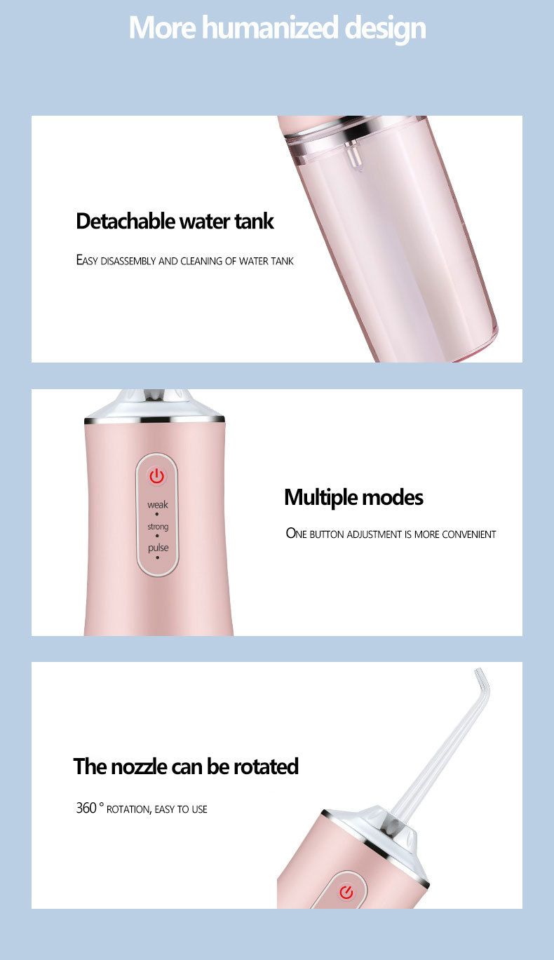 Water Flosser Cordless Oral Irrigator Mini Portable 220ml Sink USB Rechargeable IPX7 Waterproof Electric Dental Flossers 3 Modes with 4 Nozzles Waterproof 360° Rotating