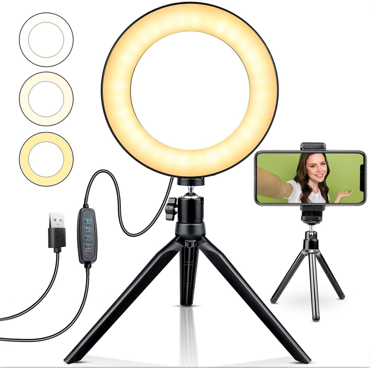 Dimmable Desk Makeup LED Ring Light 10" with Tripod Stand & Phone Holder for Live Streaming & YouTube Video, Photography, Shooting with 3 Light Modes & 10 Brightness Level