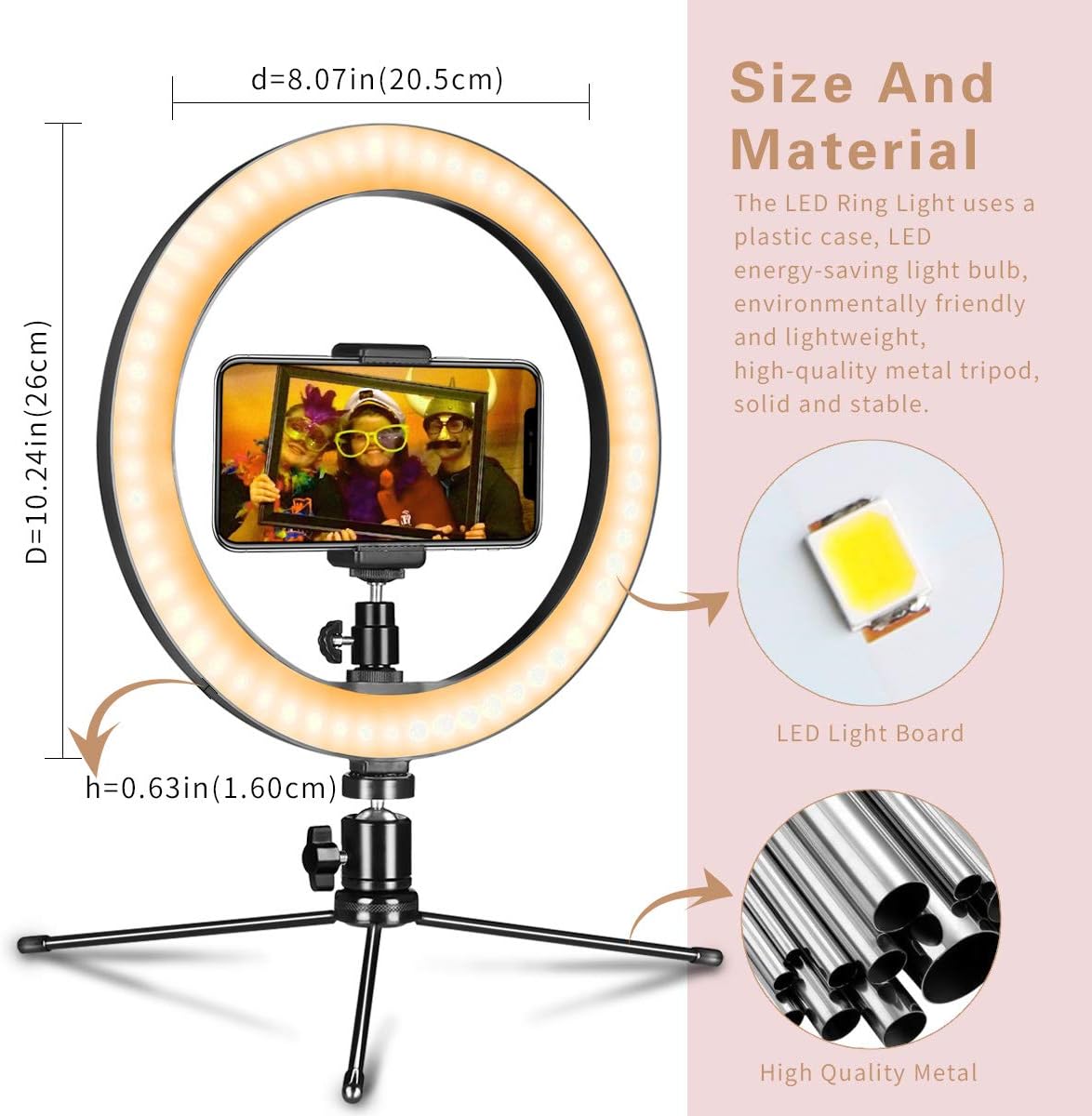 Dimmable Desk Makeup LED Ring Light 10" with Tripod Stand & Phone Holder for Live Streaming & YouTube Video, Photography, Shooting with 3 Light Modes & 10 Brightness Level