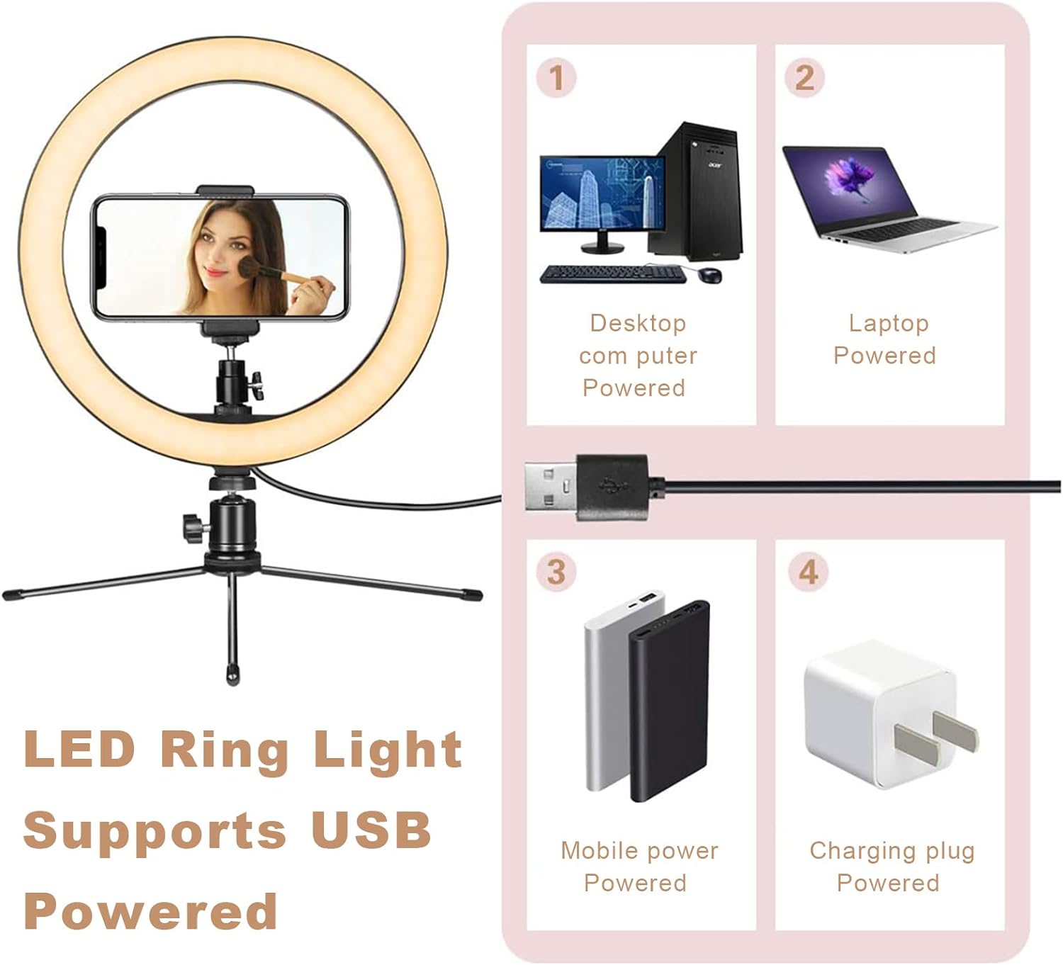 Dimmable Desk Makeup LED Ring Light 10" with Tripod Stand & Phone Holder for Live Streaming & YouTube Video, Photography, Shooting with 3 Light Modes & 10 Brightness Level