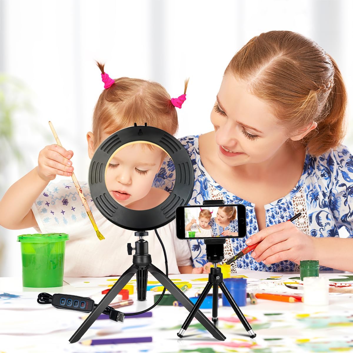 Dimmable Desk Makeup LED Ring Light 10" with Tripod Stand & Phone Holder for Live Streaming & YouTube Video, Photography, Shooting with 3 Light Modes & 10 Brightness Level