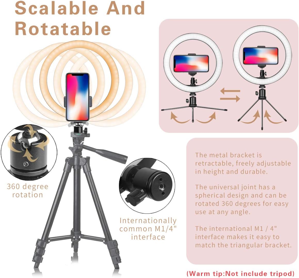 Dimmable Desk Makeup LED Ring Light 10" with Tripod Stand & Phone Holder for Live Streaming & YouTube Video, Photography, Shooting with 3 Light Modes & 10 Brightness Level
