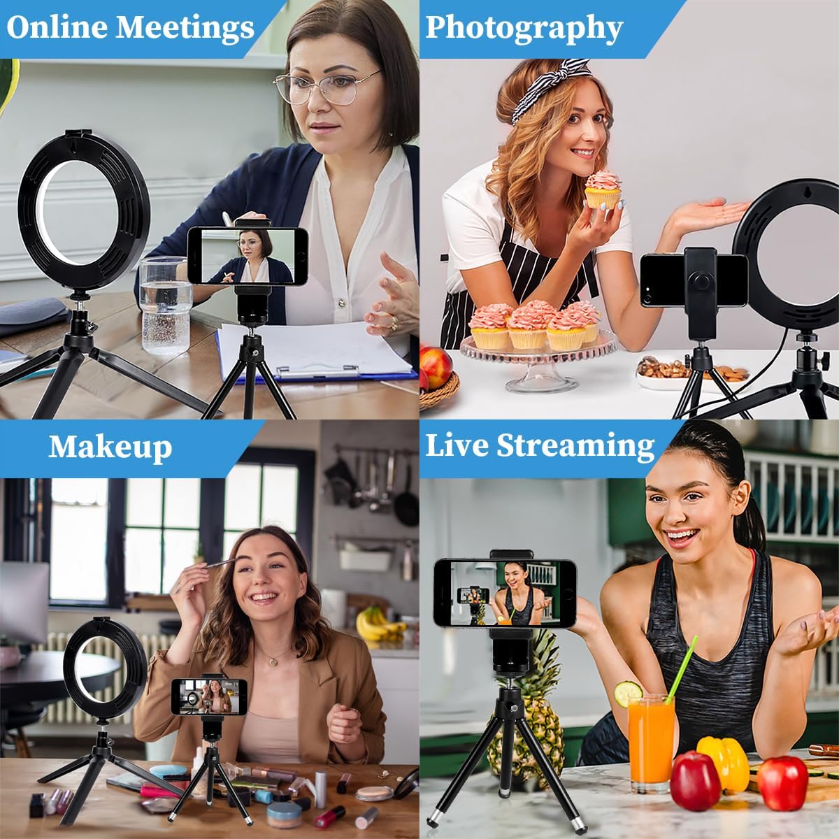 Dimmable Desk Makeup LED Ring Light 10" with Tripod Stand & Phone Holder for Live Streaming & YouTube Video, Photography, Shooting with 3 Light Modes & 10 Brightness Level