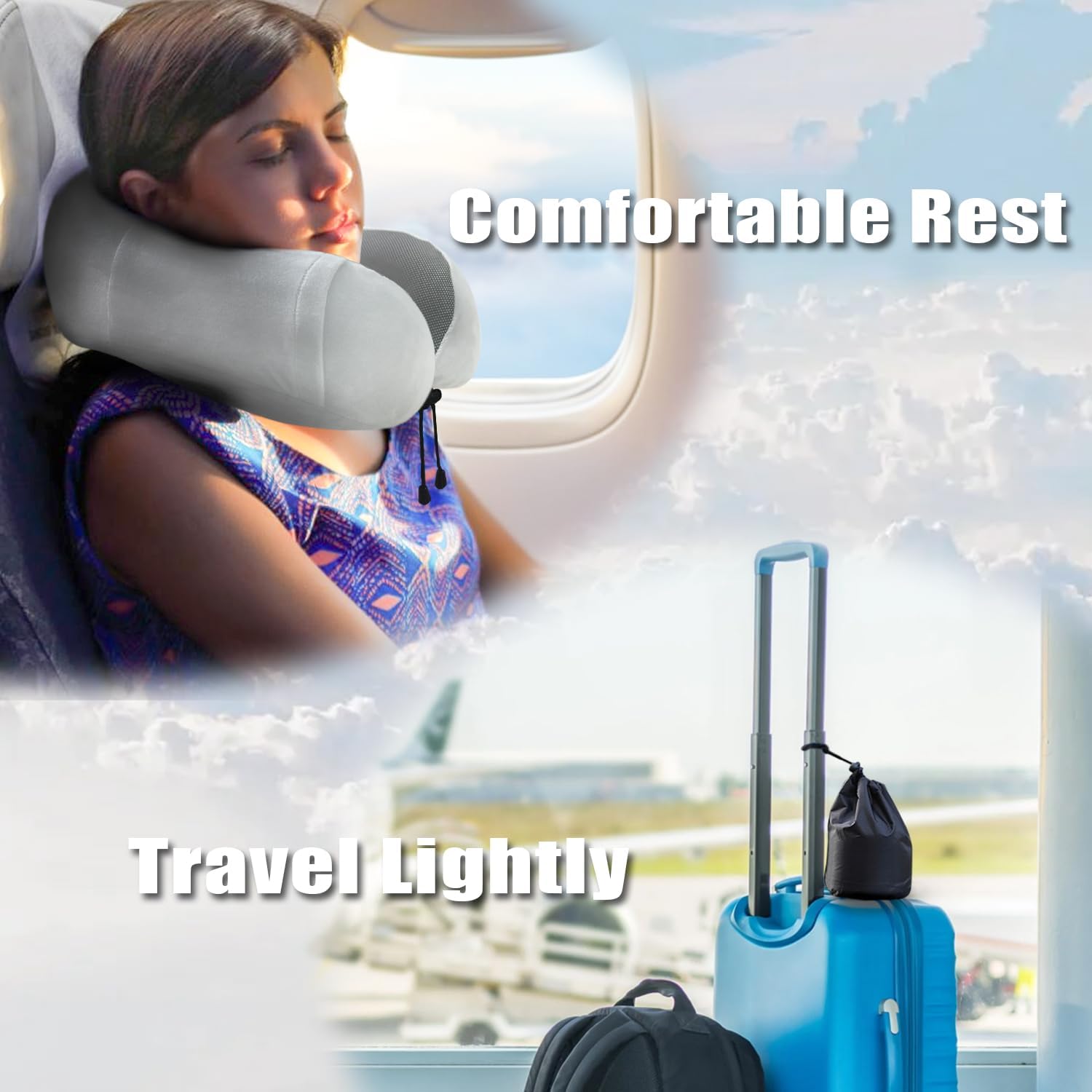 Travel Pillow, Memory Foam Neck Pillow for Traveling, U Shape Neck Pillow Airplane Portable Flight Pillow Travel Kit with 3D Contoured Eye Masks and Earplugs for Plane Train Car Home Office