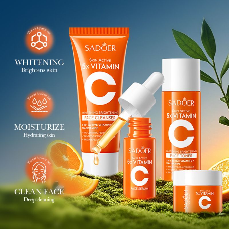 SADOER Vitamin C Skincare Set for travelling, 5pcs Skincare  Set With Facial Cleanser, Toner, Serum, Lotion & Face Cream, Moisturizing Face Skin Care Kit for Anti-Aging, Anti-Wrinkle