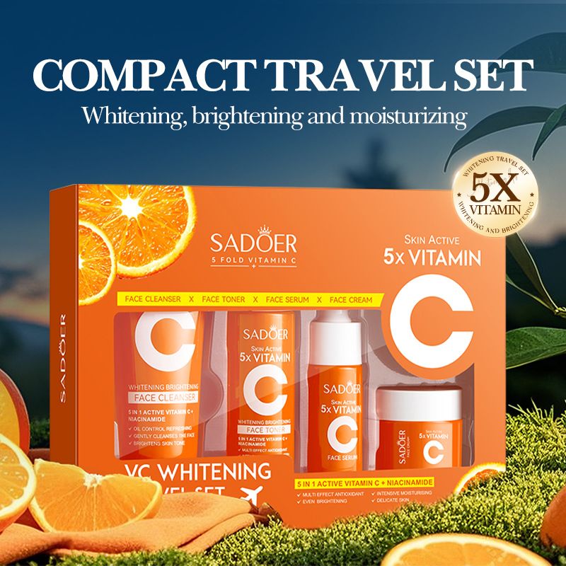 SADOER Vitamin C Skincare Set for travelling, 5pcs Skincare  Set With Facial Cleanser, Toner, Serum, Lotion & Face Cream, Moisturizing Face Skin Care Kit for Anti-Aging, Anti-Wrinkle