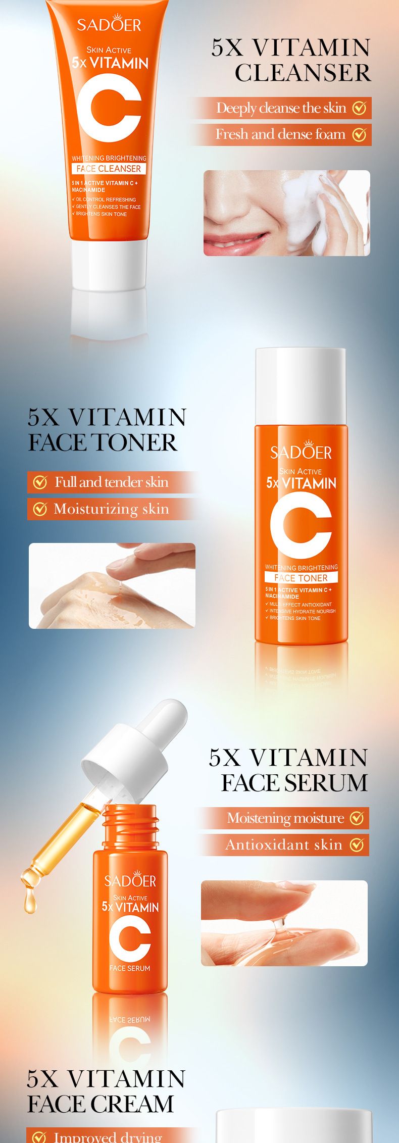 SADOER Vitamin C Skincare Set for travelling, 5pcs Skincare  Set With Facial Cleanser, Toner, Serum, Lotion & Face Cream, Moisturizing Face Skin Care Kit for Anti-Aging, Anti-Wrinkle