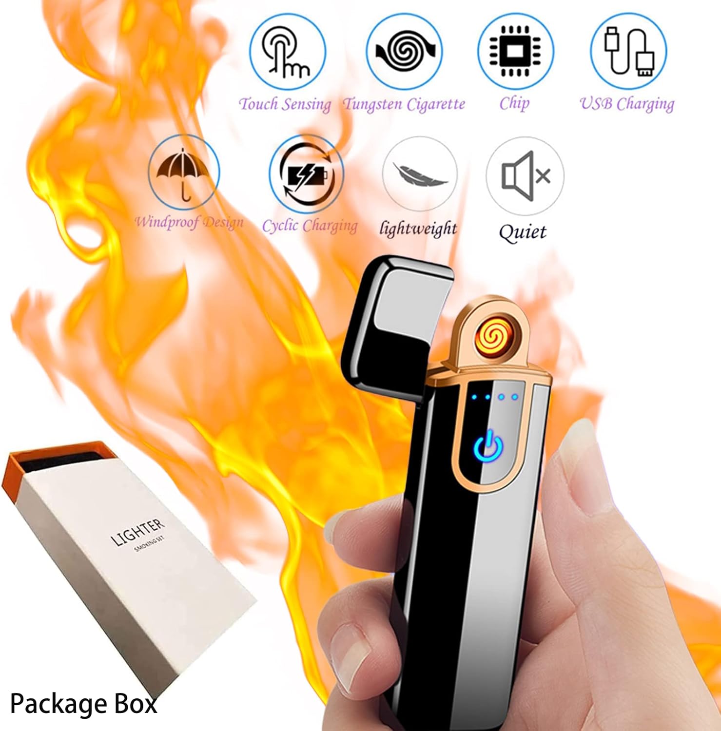 Electronic Lighter, Electric Lighter Windproof USB Rechargeable Slim Coil Lighter with Smart Fingerprint Sensor Double Side Ignition,Creative Power Indicator Flameless Lighter for Gifts(