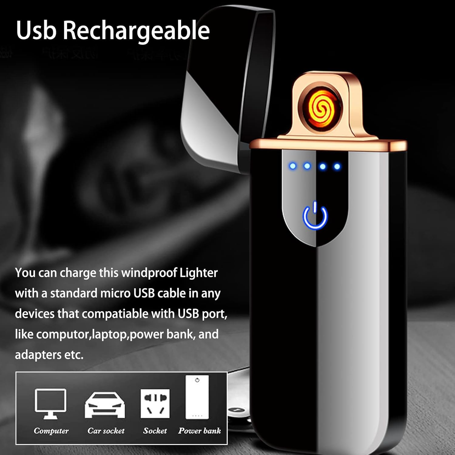 Electronic Lighter, Electric Lighter Windproof USB Rechargeable Slim Coil Lighter with Smart Fingerprint Sensor Double Side Ignition,Creative Power Indicator Flameless Lighter for Gifts(