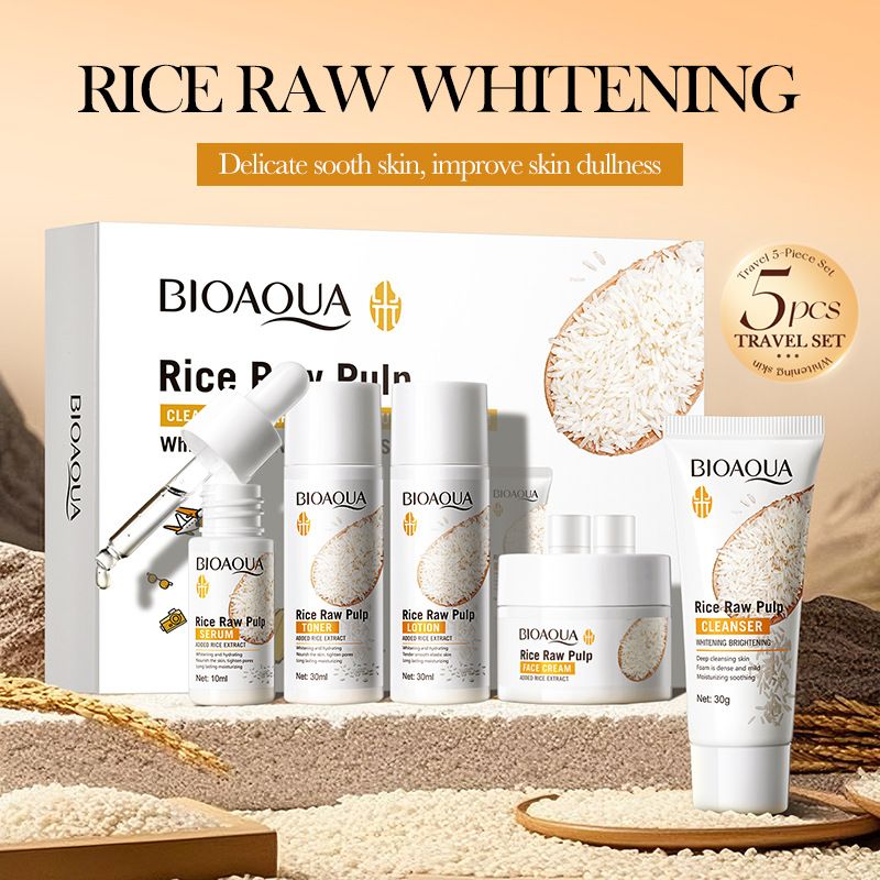 BIOAOUA Rice Raw Skincare Set for travelling, 5pcs Skincare  Set With Facial Cleanser, Toner, Serum, Lotion & Face Cream, Moisturizing Face Skin Care Kit for Anti-Aging, Anti-Wrinkle