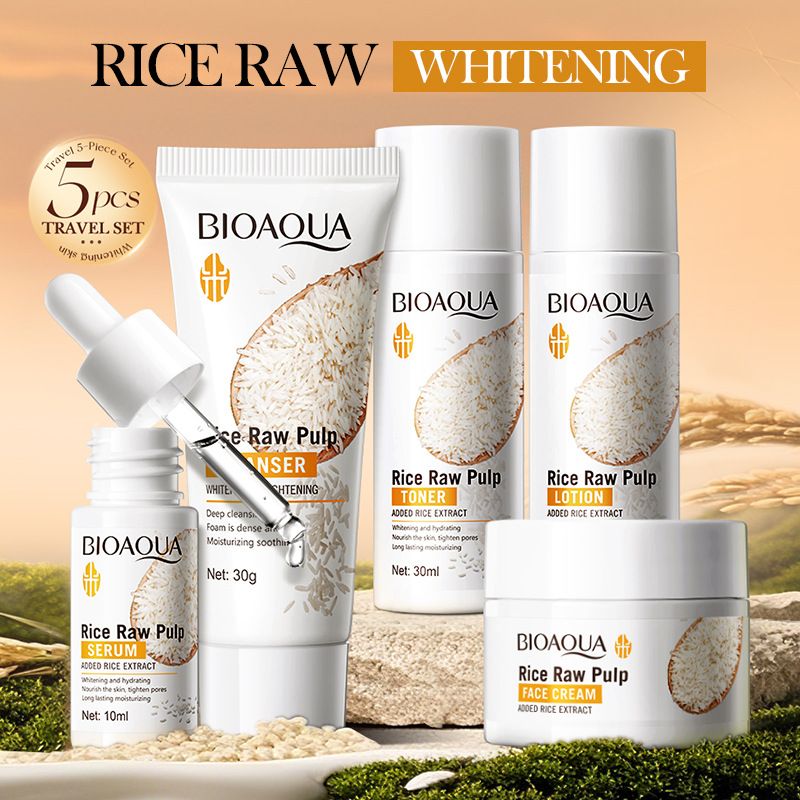 BIOAOUA Rice Raw Skincare Set for travelling, 5pcs Skincare  Set With Facial Cleanser, Toner, Serum, Lotion & Face Cream, Moisturizing Face Skin Care Kit for Anti-Aging, Anti-Wrinkle
