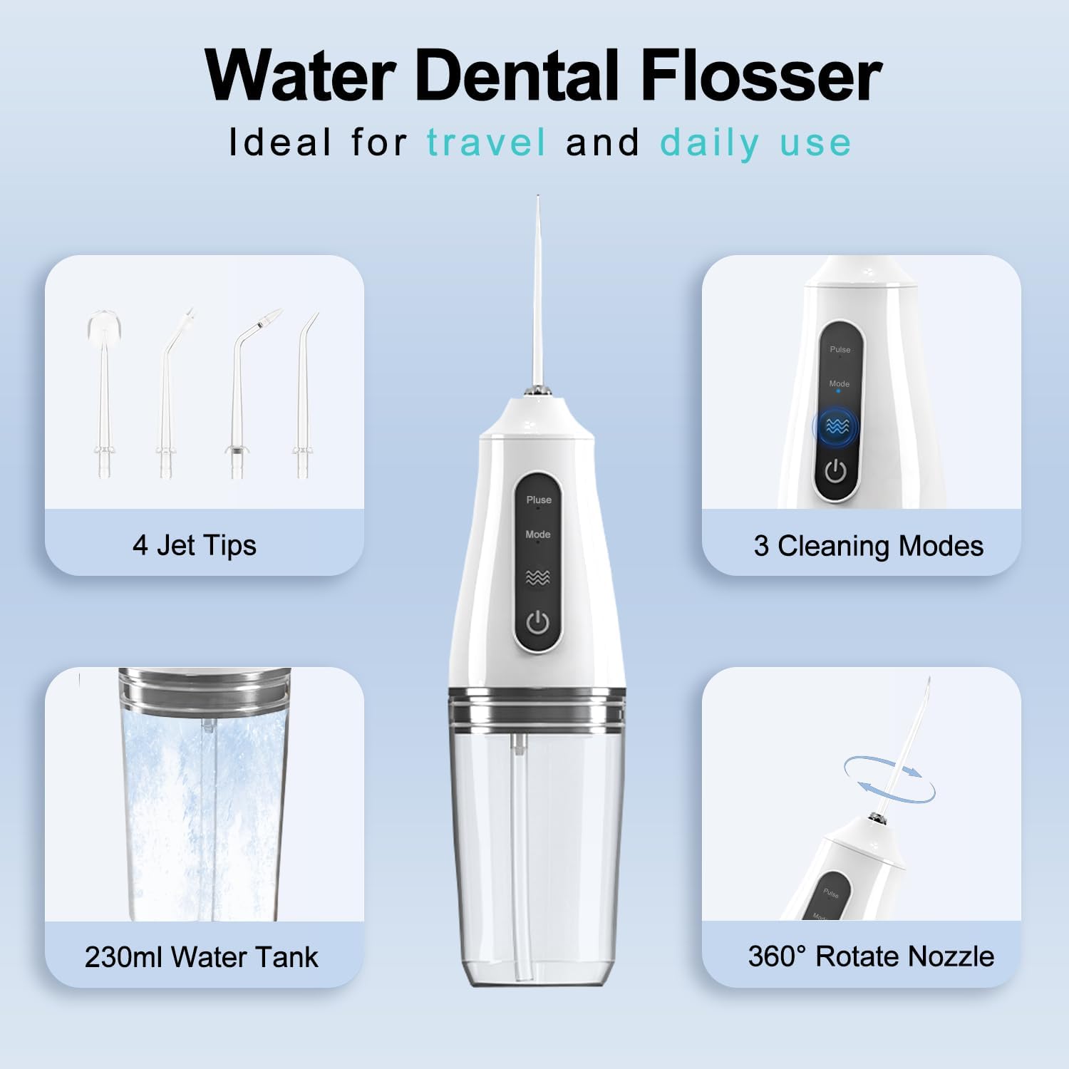 Water Flossers for Teeth Cordless Rechargeable Dental Oral Irrigator Water Jet for Teeth Braces Care with 4 Jet Tips for Travel and Home Use