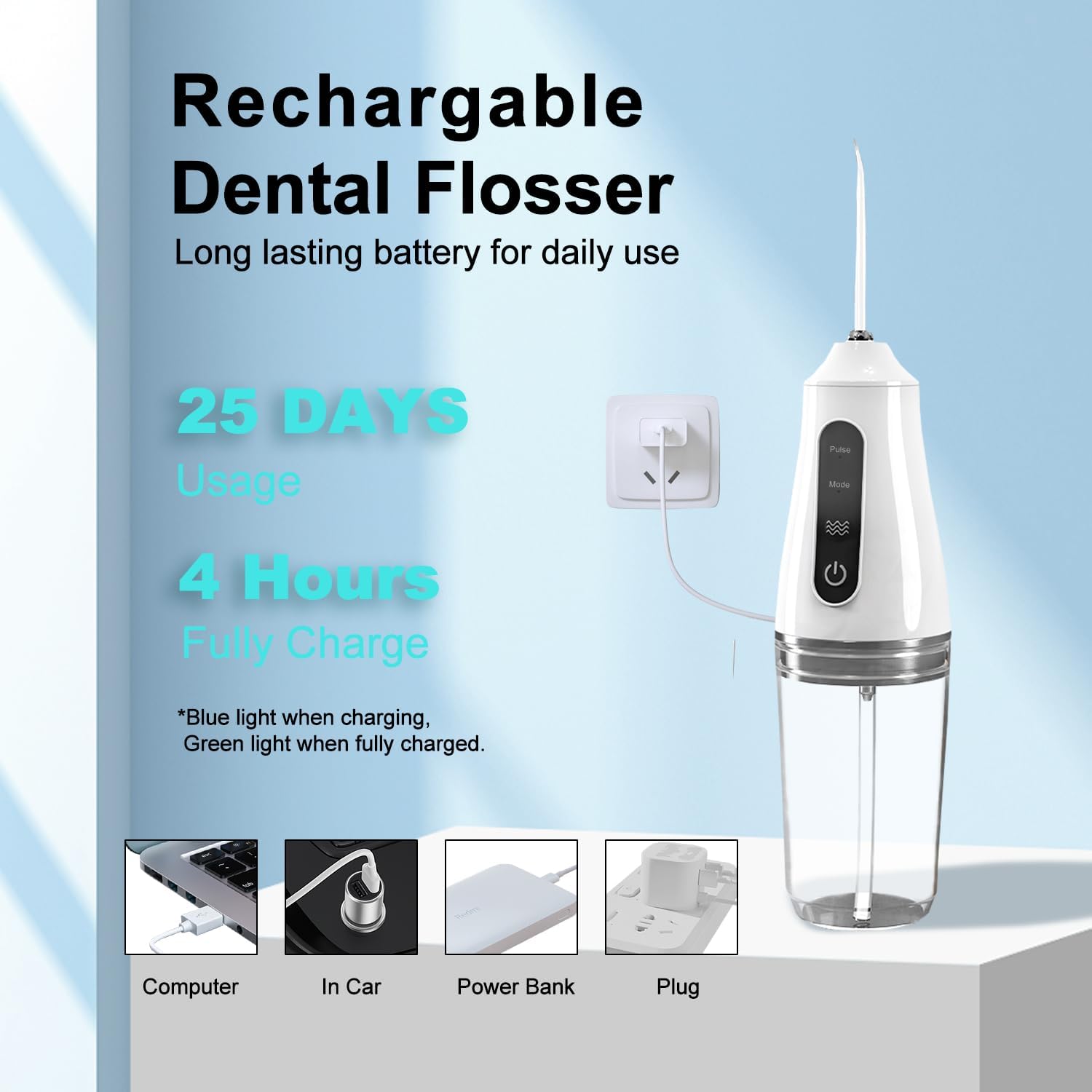 Water Flossers for Teeth Cordless Rechargeable Dental Oral Irrigator Water Jet for Teeth Braces Care with 4 Jet Tips for Travel and Home Use