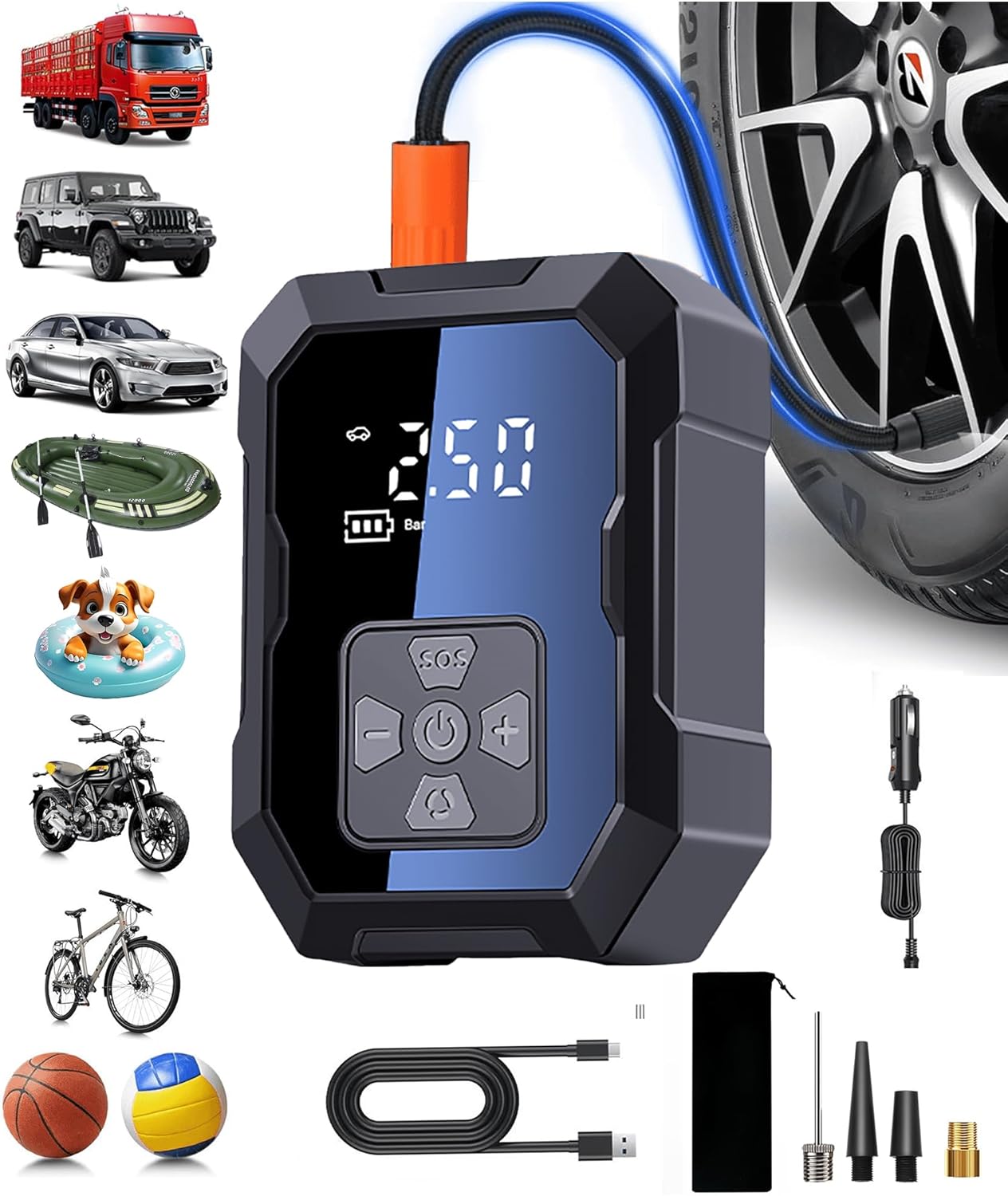 Tire Inflator Portable Air Compressor for Car, Ball Basketball Pump for Sports Balls Auto for Car Tires Bicycle w Gauge Values Display, 150PSI Power Battery Bike Pump Cordless