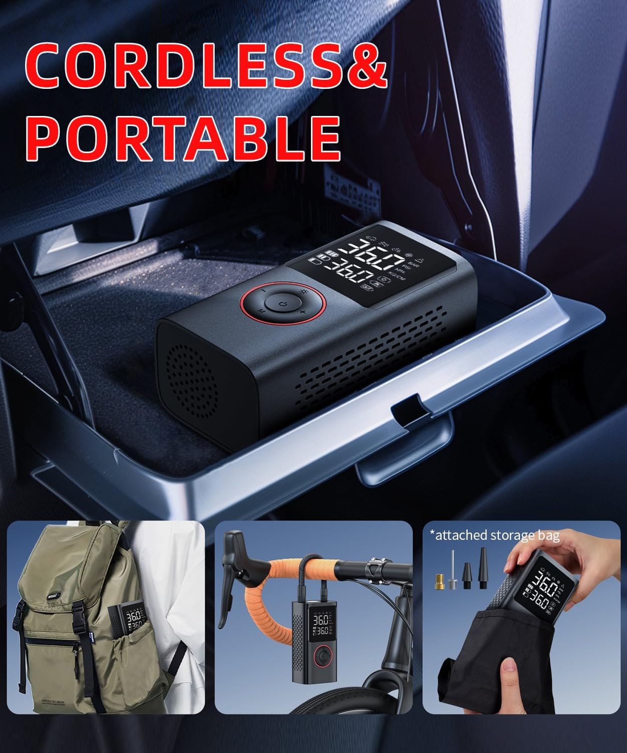 Tire Inflator Portable Air Compressor for Car, Ball Basketball Pump for Sports Balls Auto for Car Tires Bicycle w Gauge Values Display, 150PSI Power Battery Bike Pump Cordless