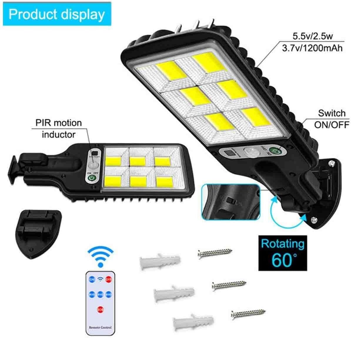 Led Solar Street Lights Outdoor,225COB  Remote Control Wireless Ip65 Motion Sensor Security Wall Light with 3 Modes for Garden, Street, Deck, Yard, Garage, Patio