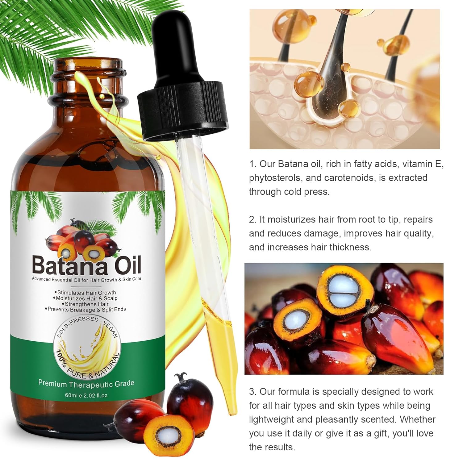 Batana Oil for Hair Growth,60ml 100% Pure Natural Cold Pressed Organic Oil,Promotes Hair Growth for Men & Women,Hydrating & Repairing Dry,Damaged Hair Skin Care,Enhances Hair & Skin Radiance