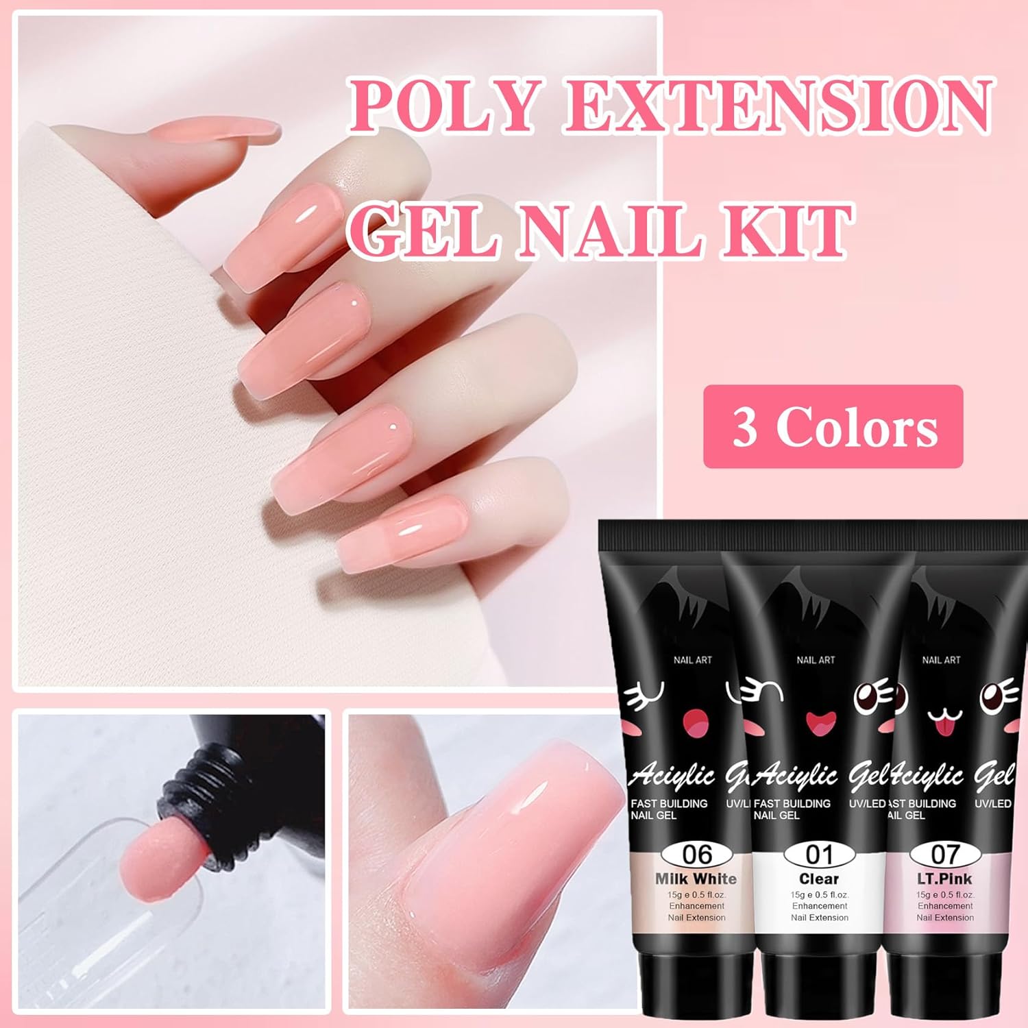 10Pcs Poly gel Nail Kit, Clear White Gray Pink Nail Starter Kit, Builder Nail Gel Kit De Uñas De Gel, Nail Extension Gel, with Slip Solution Dual Nail Forms and Nail Clips