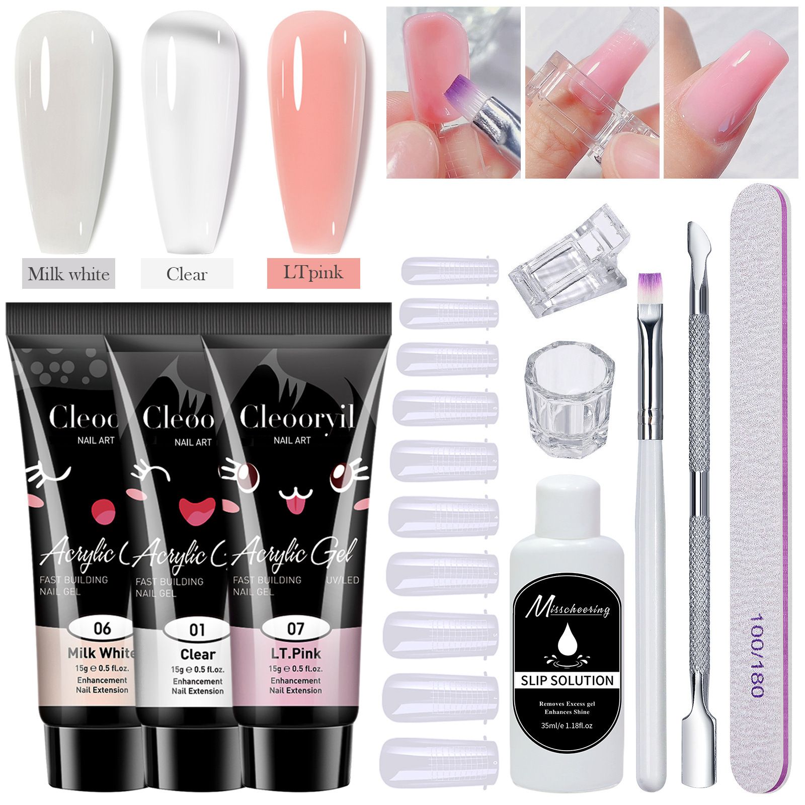 10Pcs Poly gel Nail Kit, Clear White Gray Pink Nail Starter Kit, Builder Nail Gel Kit De Uñas De Gel, Nail Extension Gel, with Slip Solution Dual Nail Forms and Nail Clips