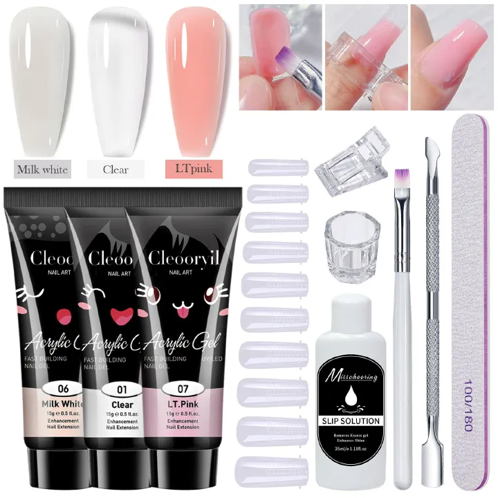 10Pcs Poly gel Nail Kit, Clear White Gray Pink Nail Starter Kit, Builder Nail Gel Kit De Uñas De Gel, Nail Extension Gel, with Slip Solution Dual Nail Forms and Nail Clips