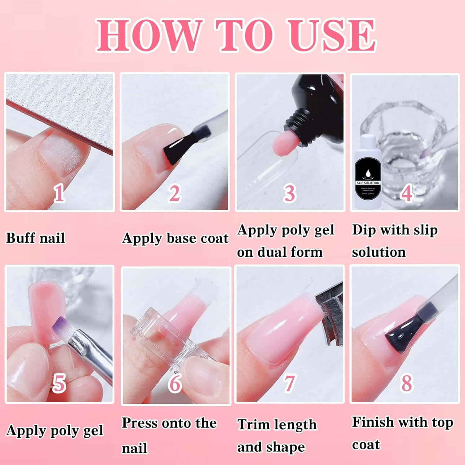 10Pcs Poly gel Nail Kit, Clear White Gray Pink Nail Starter Kit, Builder Nail Gel Kit De Uñas De Gel, Nail Extension Gel, with Slip Solution Dual Nail Forms and Nail Clips
