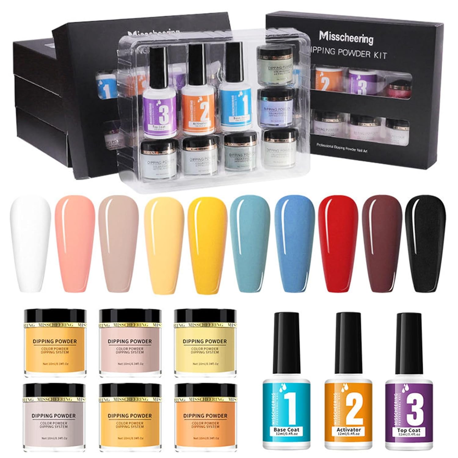 6 Colors Dipping Powder Set Dip Powder Nail Art Starter Kit for DIY Salon No LED Nail Lamp Needed Nail Art Manicure with Base Coat Activator