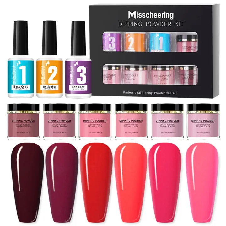 6 Colors Dipping Powder Set Dip Powder Nail Art Starter Kit for DIY Salon No LED Nail Lamp Needed Nail Art Manicure with Base Coat Activator