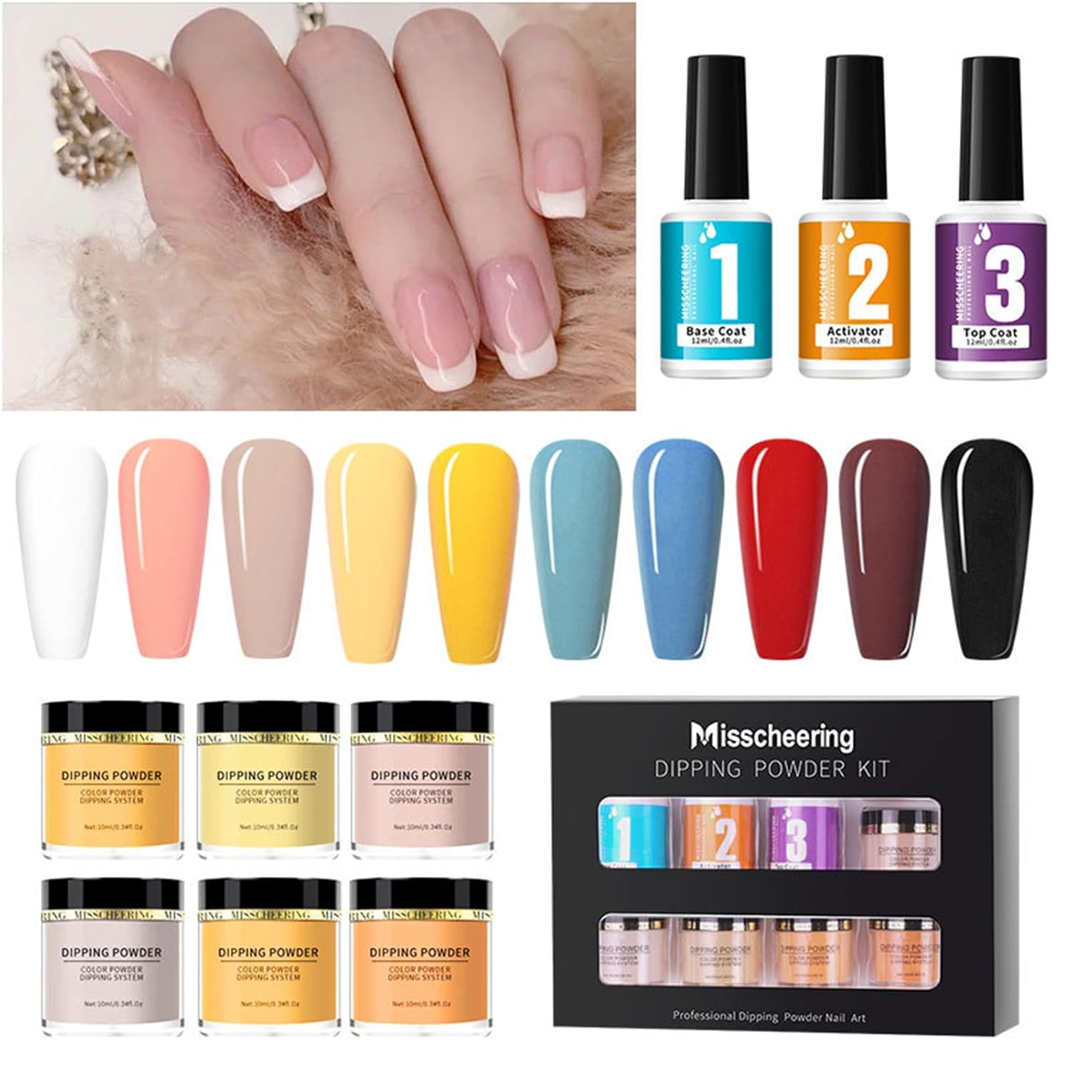 6 Colors Dipping Powder Set Dip Powder Nail Art Starter Kit for DIY Salon No LED Nail Lamp Needed Nail Art Manicure with Base Coat Activator