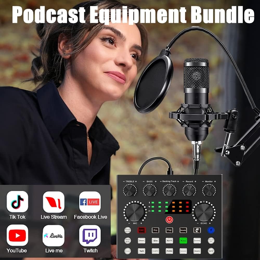 Podcast Equipment Bundle, BM-800 Podcast Microphone Bundle with V8S Voice Changer, Condenser Microphone Recording Studio Package for Podcasting Streaming Recording Singing PC Mobile YouTube TikTok