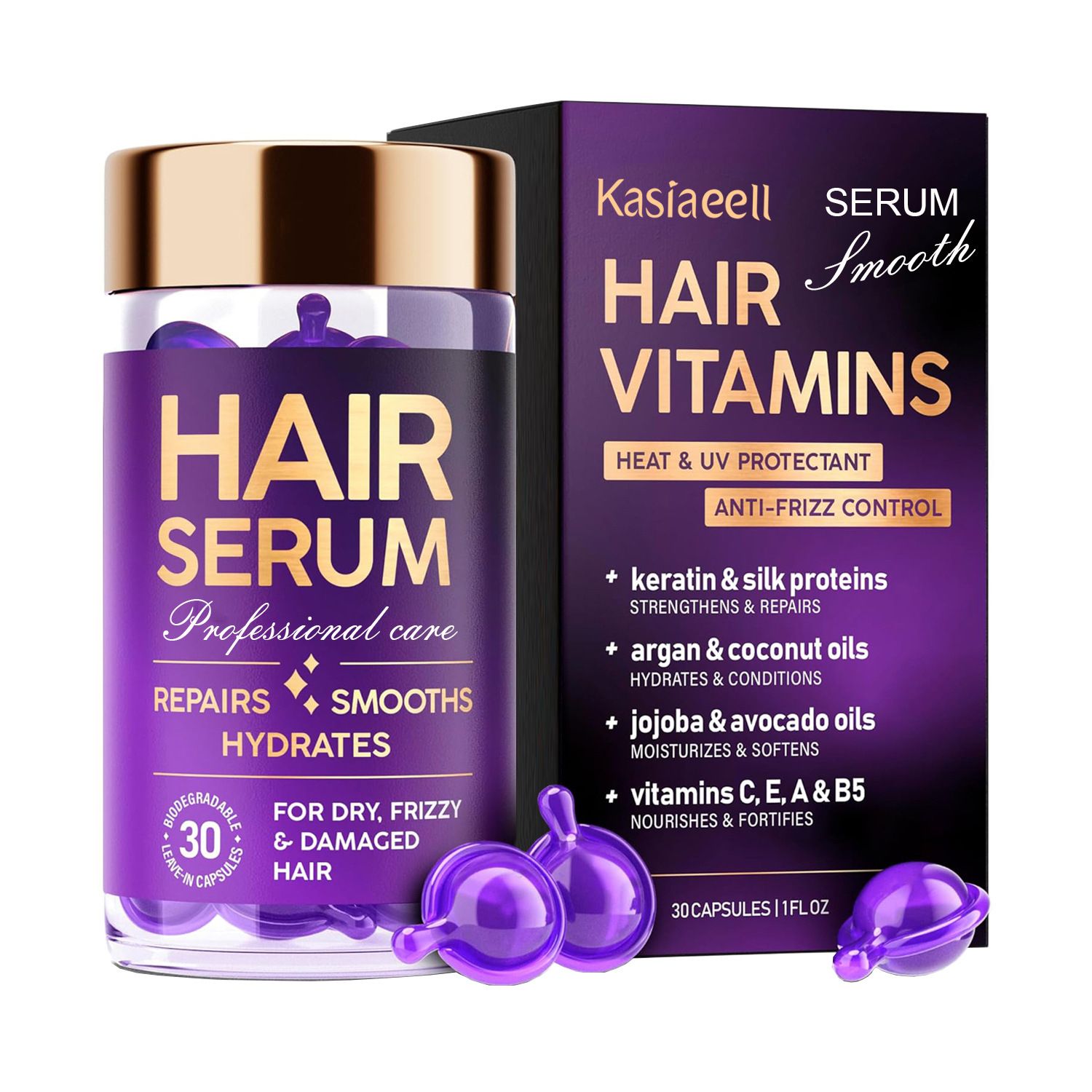 Hair Serum Capsules – Keratin & Silk Protein Hair Treatment with Argan, Coconut, Jojoba & Avocado Oils – Leave‑In Anti‑Frizz Hair Oil w/ Vitamins A, E & B5 for Dry, Damaged Hair – No Rinse, 30 ct