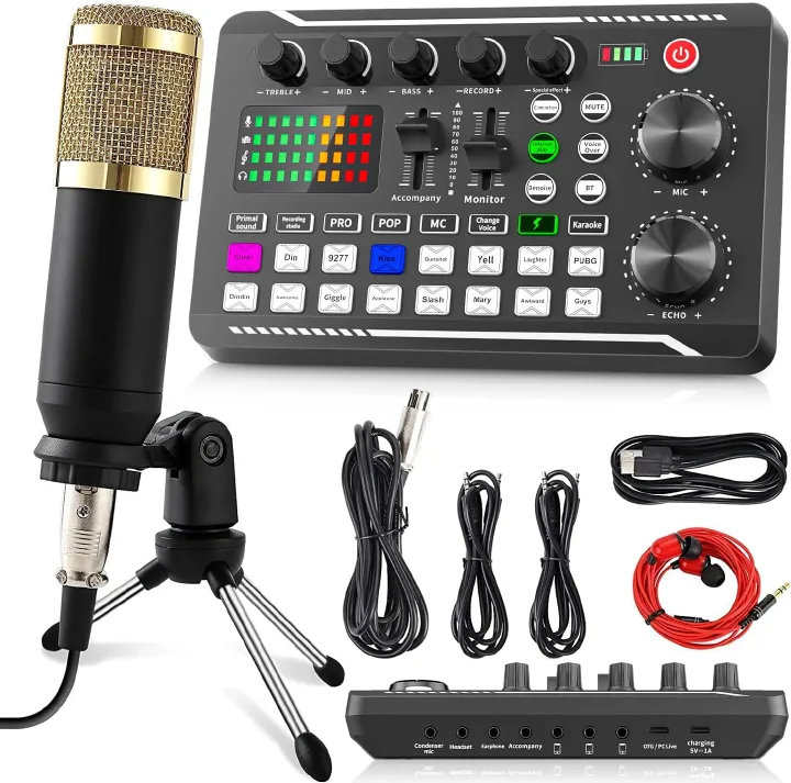 F998 Podcast Equipment Bundle, Audio Interface & BM800 Condenser Microphone with Tripod Stand, Professional Recording Studio Package for Live Streaming, Broadcast, Recording, YouTube, TikTok