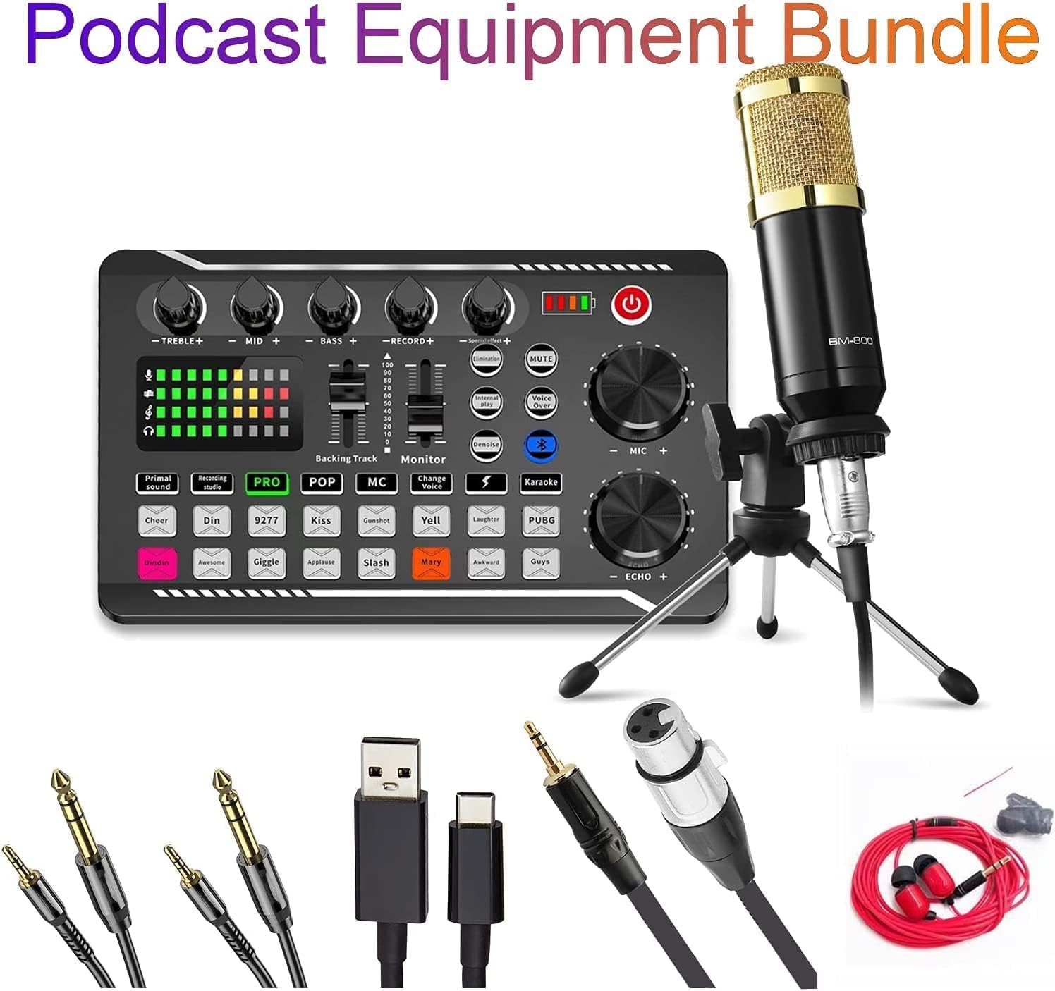 F998 Podcast Equipment Bundle, Audio Interface & BM800 Condenser Microphone with Tripod Stand, Professional Recording Studio Package for Live Streaming, Broadcast, Recording, YouTube, TikTok