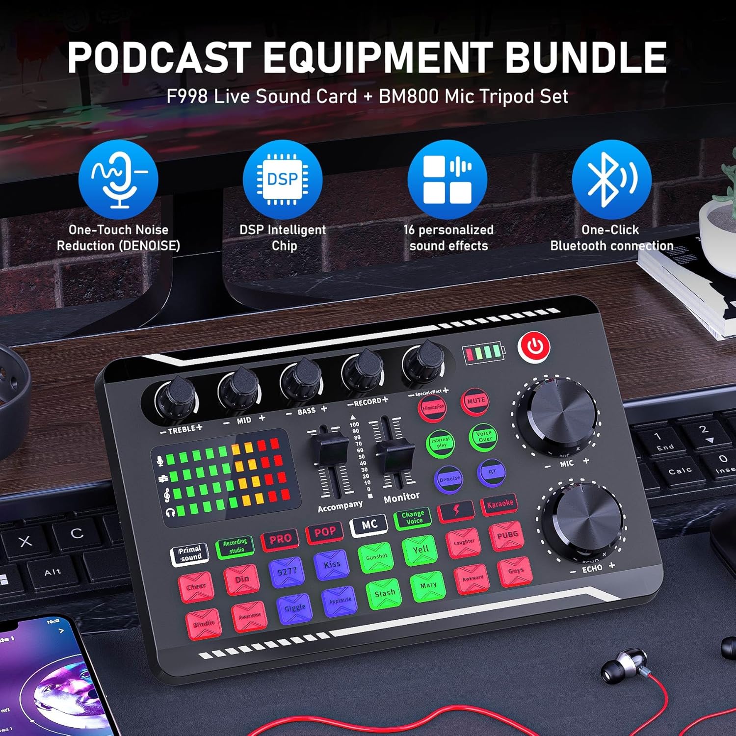 F998 Podcast Equipment Bundle, Audio Interface & BM800 Condenser Microphone with Tripod Stand, Professional Recording Studio Package for Live Streaming, Broadcast, Recording, YouTube, TikTok