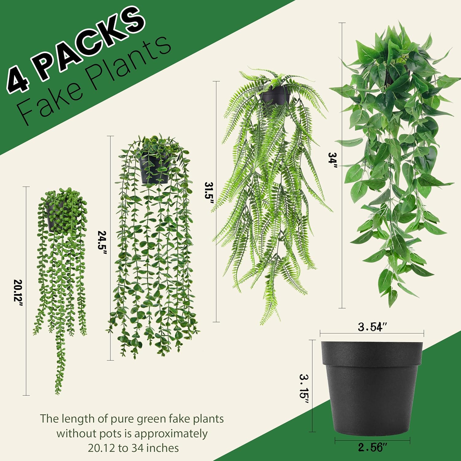 Artificial Hanging Plant, 4 Pack Fake Plants with Pots, Hanging Artificial Plants Indoor, Fake Ivy Faux Plant for Indoors Outdoor Room Office Patio Wall Decor