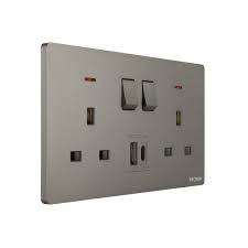 Double socket grey-finished double 13A switched wall socket featuring built-in USB-A and USB-C charging ports.