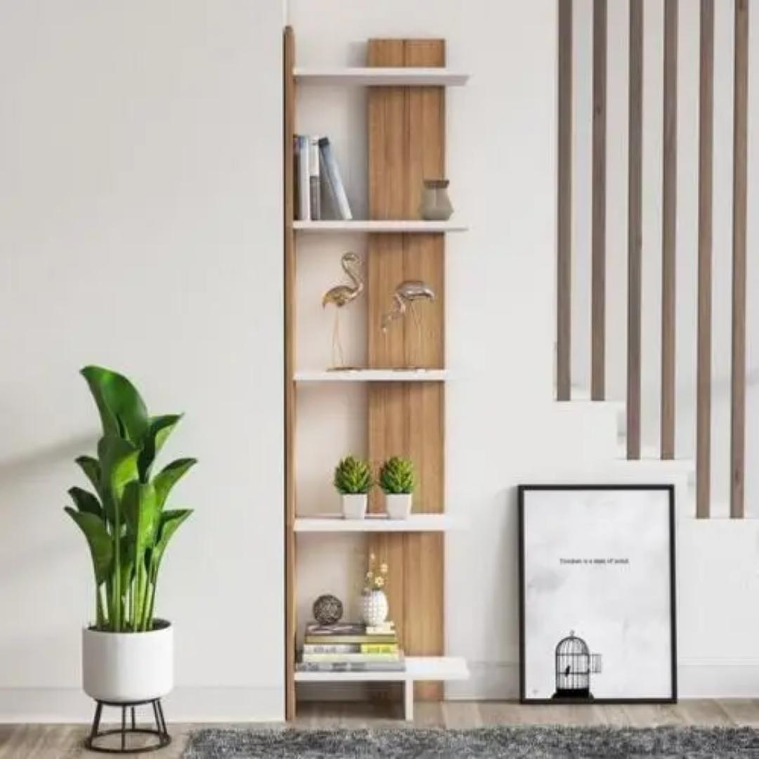 Sly Corner Bookshelf Décor Stand Teak and White