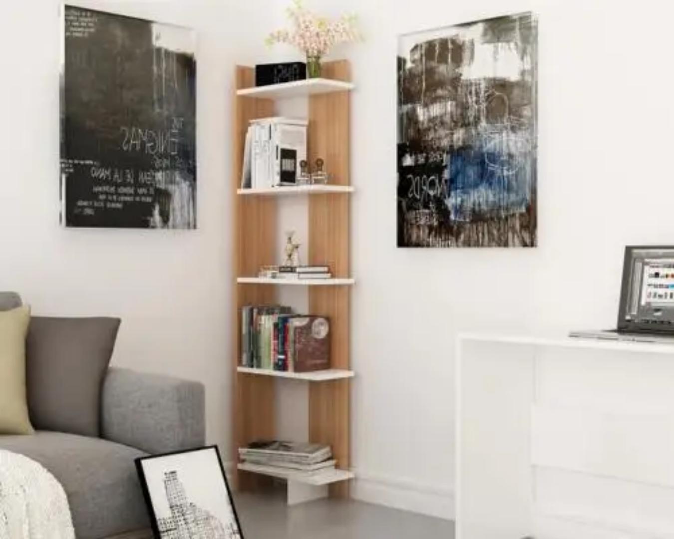 Sly Corner Bookshelf Décor Stand Teak and White
