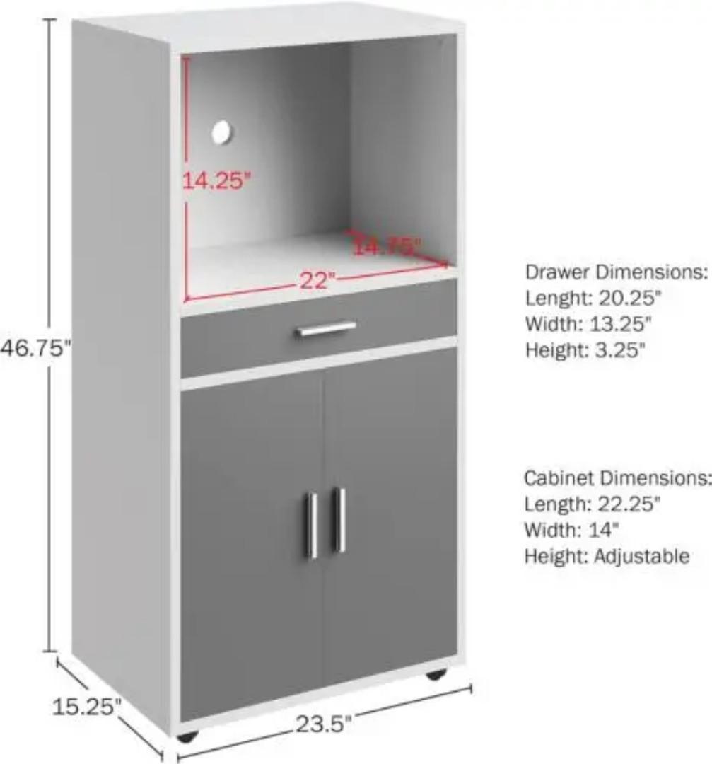 Microwave Stand with Drawer-Freestanding Kitchen Storage White and Gray