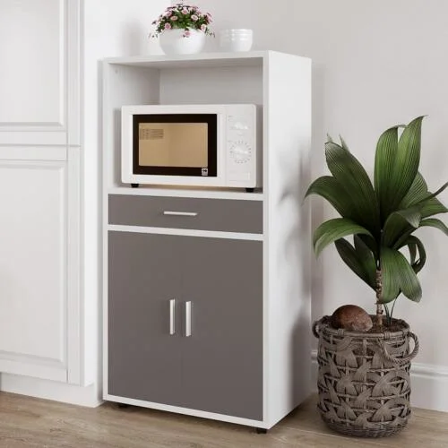 Microwave Stand with Drawer-Freestanding Kitchen Storage White and Gray
