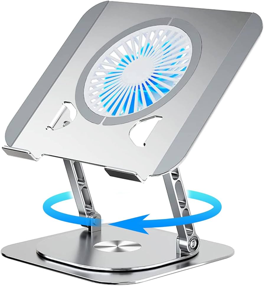 Laptop Stand With Fan  360 Rotating Base, Adjustable Height Up to 9", strong  Aluminum Laptop Riser Holder Computer Stand for Laptop 10 14 15 17 Inches