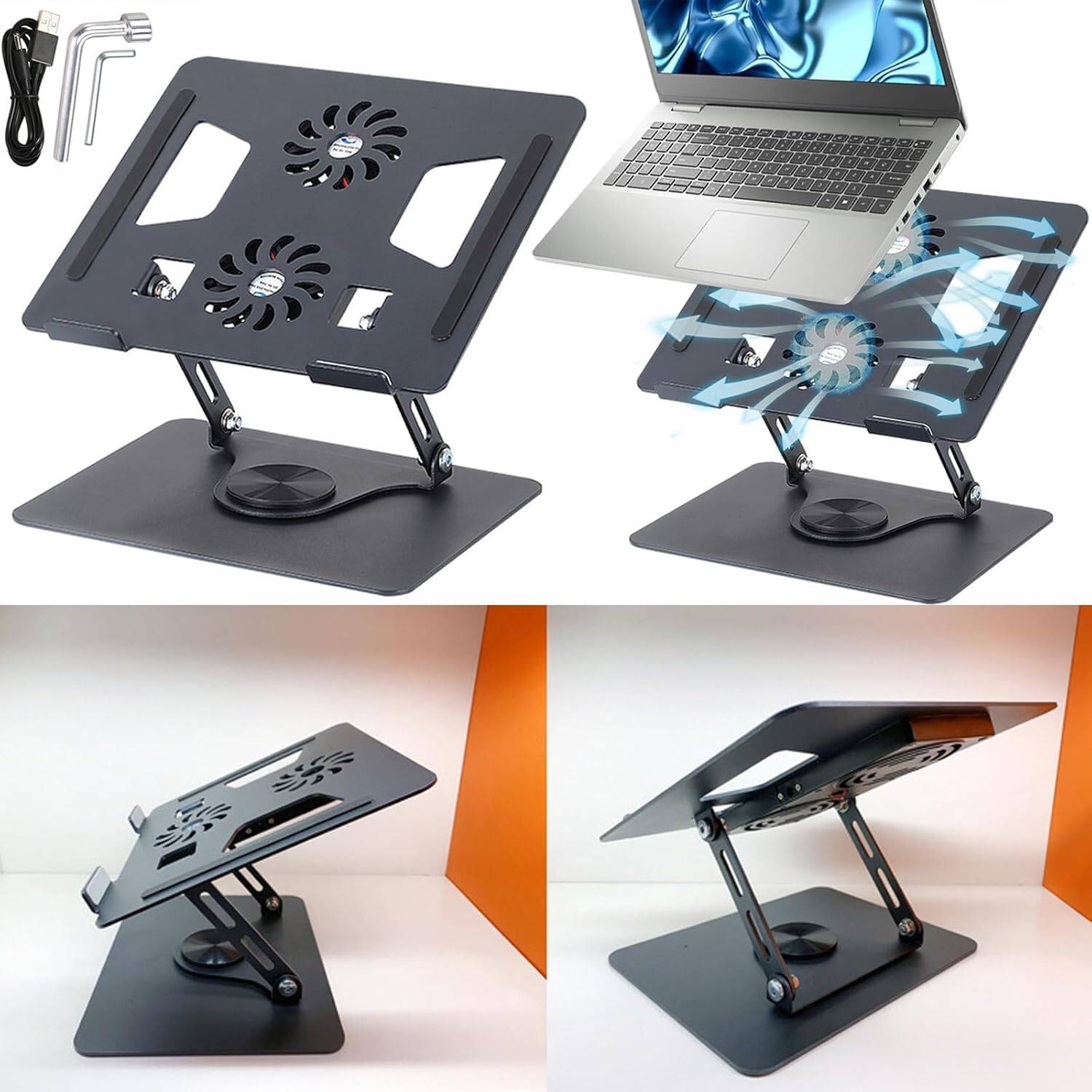 Laptop Stand With Fan  360 Rotating Base, Adjustable Height Up to 9", strong  Aluminum Laptop Riser Holder Computer Stand for Laptop 10 14 15 17 Inches