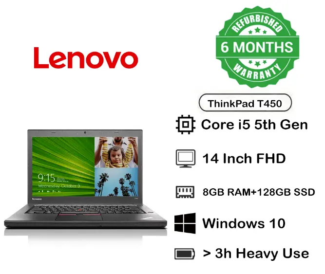 Refurbished Lenovo T450 Laptop Intel Core i5 8 GB Ram 128 GB SSD 14" Notebook laptop, Windows 10 Pro, Office 2019 pre-installed