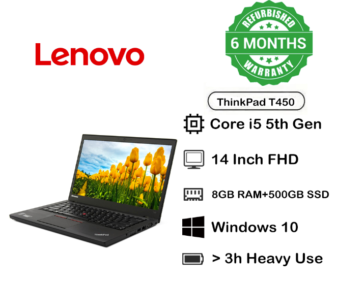 Refurbished Lenovo T450 Laptop Intel Core i5 8 GB Ram 500 GB SSD 14" Inch Screen Notebook laptop, window 11 pro, Office 2019 pre-installed