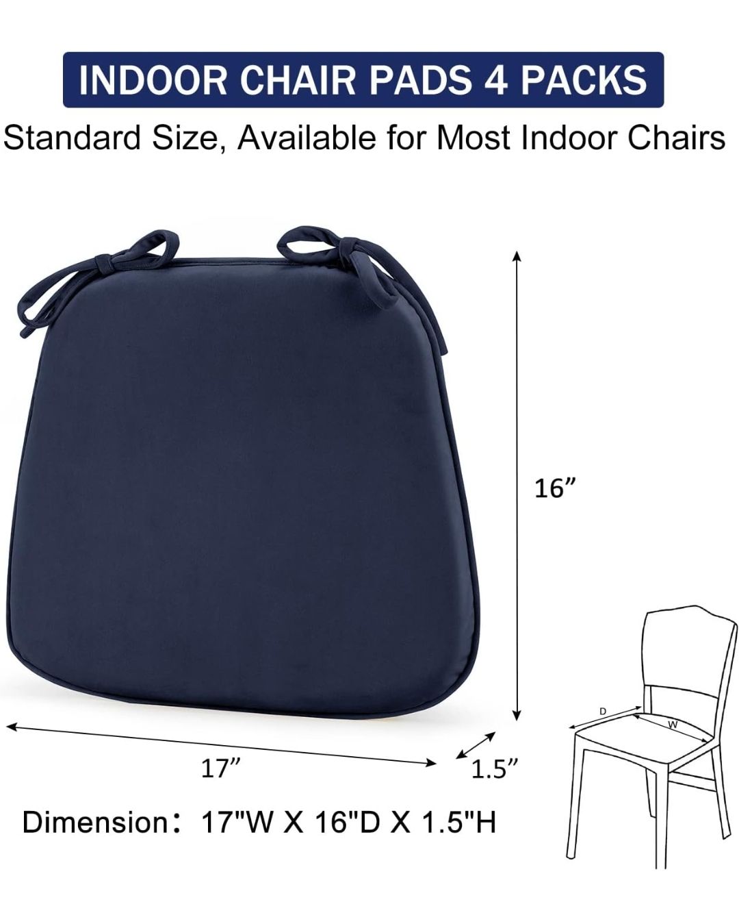 2Pcs Indoor Chair Cushions for Dining Chairs, Dutch Velvet Fabric Memory Foam Chair Pads with Ties for Kitchen, Dining Room and Bedroom, 17" X 16" X 1.5"