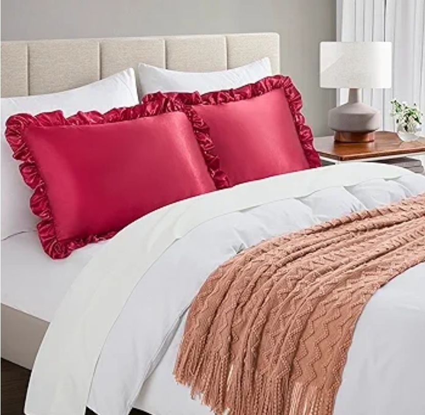 Silky Satin Ruffled Pillow Cases for Hair and Skin,Black Silk Pillowcases Queen Set of 2 with Envelope Closure Princess Room Decoration
